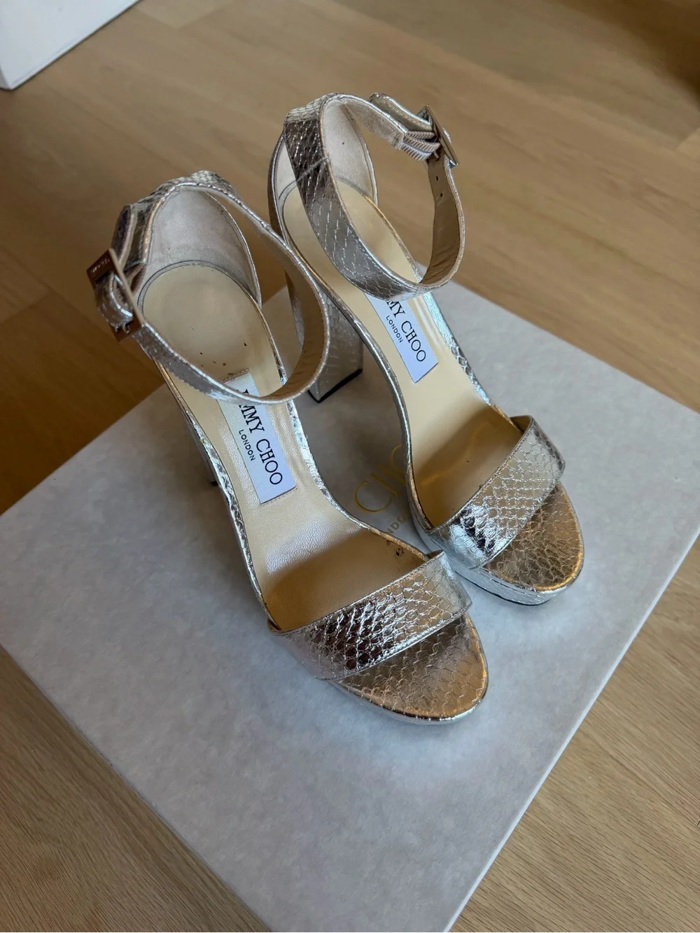 Jimmy Choo Metallic Silver Platform Block Heel Sandals